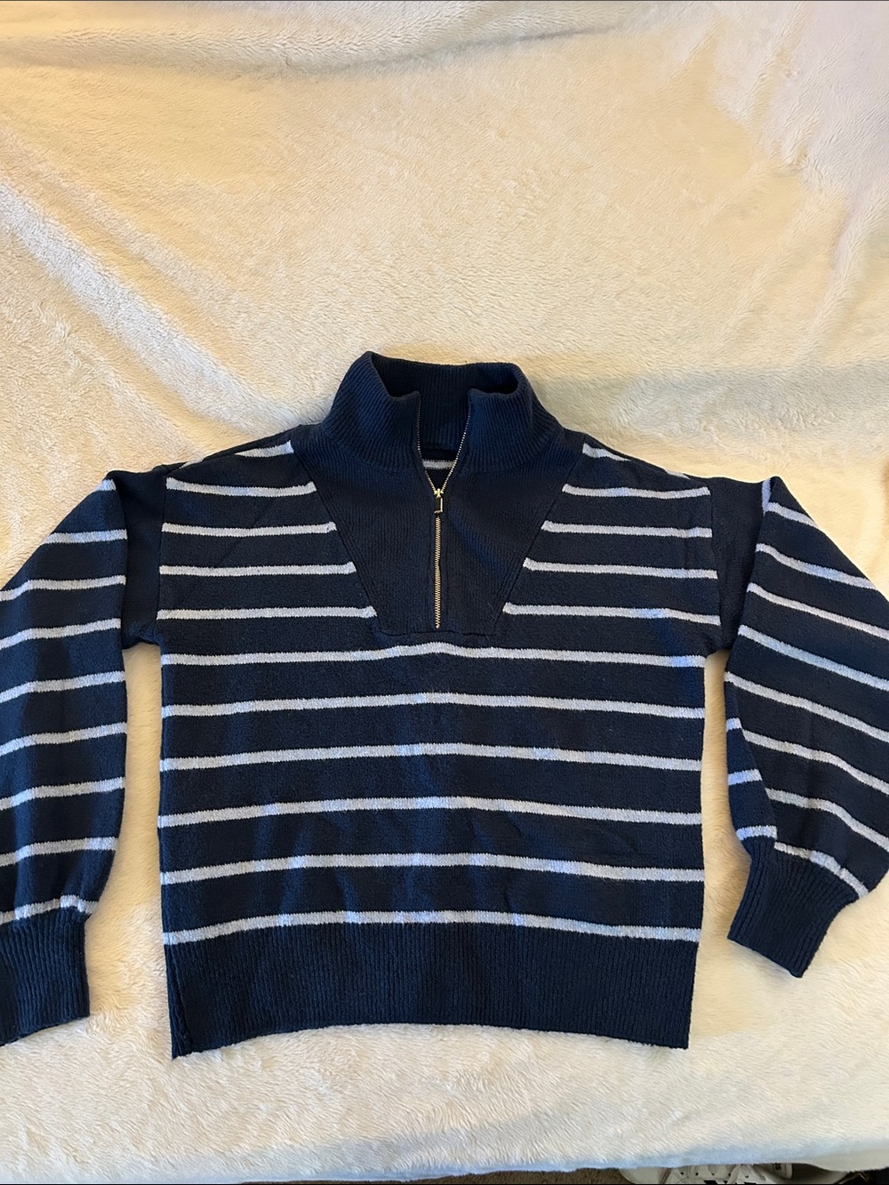 Draper James Navy and Light Blue Striped Zip Sweater